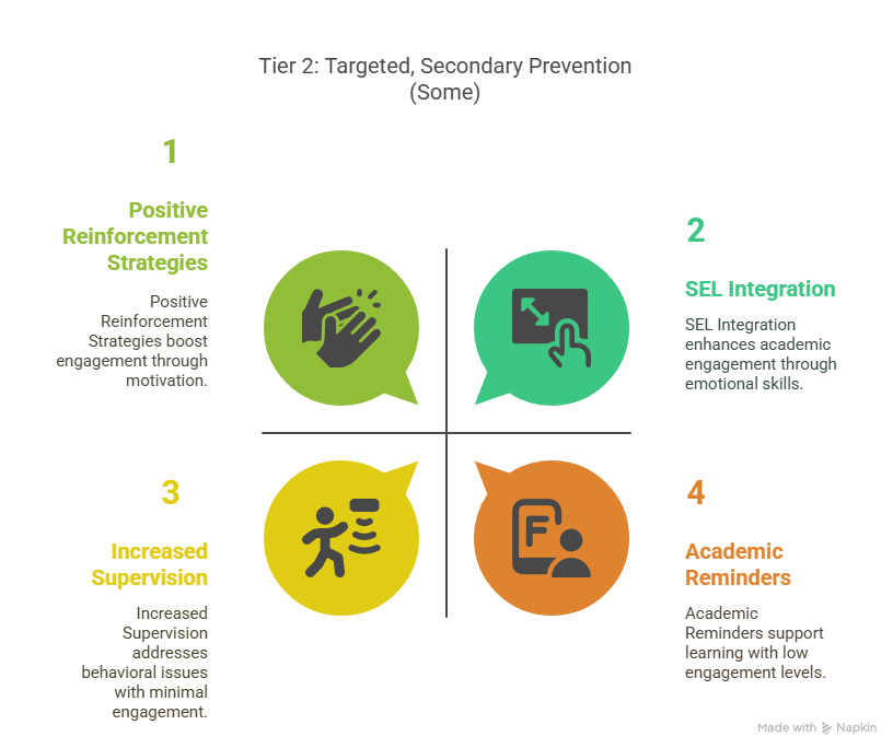 Four-quadrant diagram, "Tier 2: Targeted, Secondary Prevention (Some)". 1 Positive Reinforcement Strategies boost engagement through motivation. 2 SEL Integration enhances academic engagement through emotional skills. 3 Increased Supervision addresses behavioral issues with minimal engagement. 4 Academic Reminders support learning with low engagement levels.