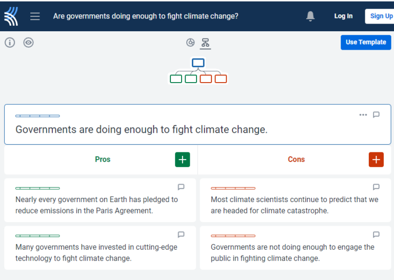 A Kialo Edu debate titled "Are governments doing enough to fight climate change?" The central claim sits above a branching map, with Pros and Cons columns holding two argument cards each.