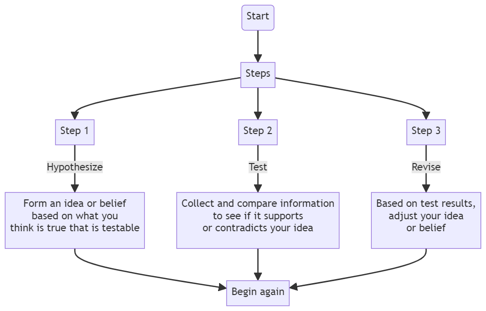 Three-step flowchart. Step 1 Hypothesize: form a testable idea or belief based on what you think is true. Step 2 Test: collect and compare information to see if it supports or contradicts your idea. Step 3 Revise: based on test results, adjust your idea or belief. All three loop back to "Begin again".