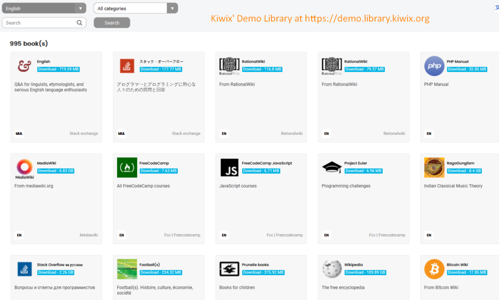 The Kiwix demo library at demo.library.kiwix.org listing 995 books as downloadable ZIM files, including English Stack Exchange, RationalWiki, PHP Manual, MediaWiki, FreeCodeCamp, Project Euler, Wikipedia and Bitcoin Wiki, each with a download size.