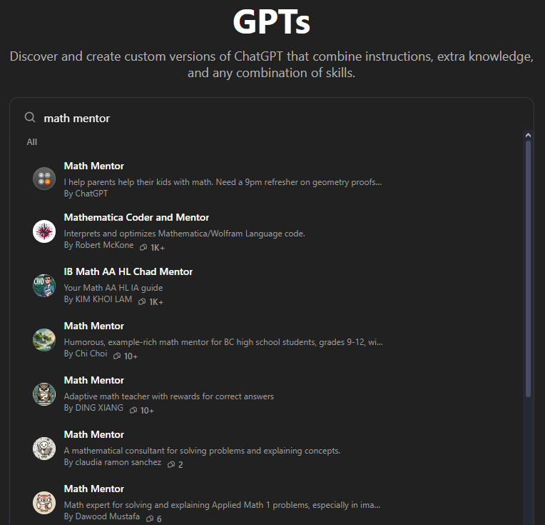 The ChatGPT GPTs directory searched for "math mentor", listing custom GPTs including Math Mentor, Mathematica Coder and Mentor, and IB Math AA HL Chad Mentor, each with a description and author.