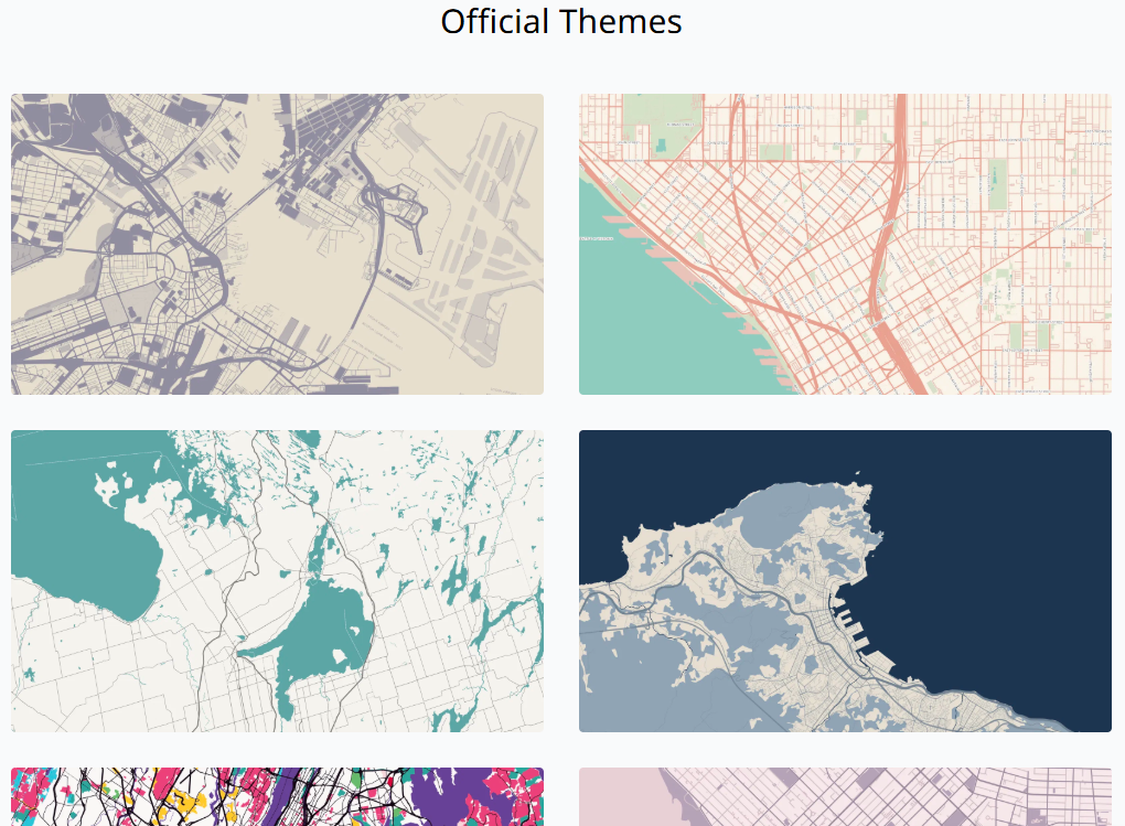 A gallery of Tasmap visual themes, including antique paper, street-map, ocean-blue, hand-drawn and other stylized map examples.