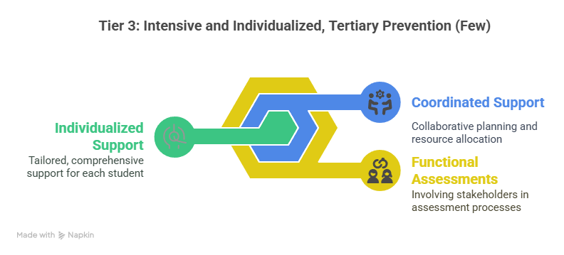Diagram, "Tier 3: Intensive and Individualized, Tertiary Prevention (Few)", with three elements. Individualized Support: tailored, comprehensive support for each student. Coordinated Support: collaborative planning and resource allocation. Functional Assessments: involving stakeholders in assessment processes.