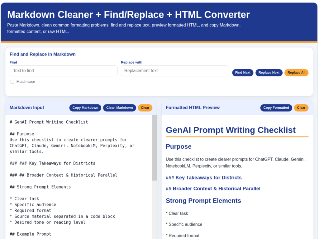 MailMerge Creator interface for converting a spreadsheet into customized HTML documents. The screen shows merge fields, a template editor and a preview of a generated One-Page Learning Strategy Overview.