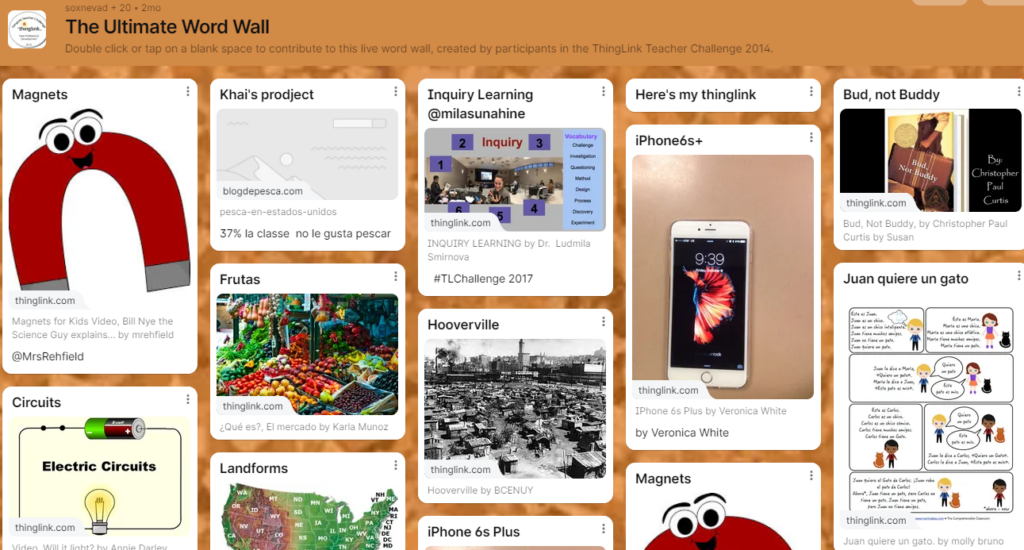 A Padlet board titled "The Ultimate Word Wall", laid out as a grid of contributor cards for words such as Magnets, Frutas, Landforms, Hooverville, Circuits and "Juan quiere un gato", each with an image and attribution.