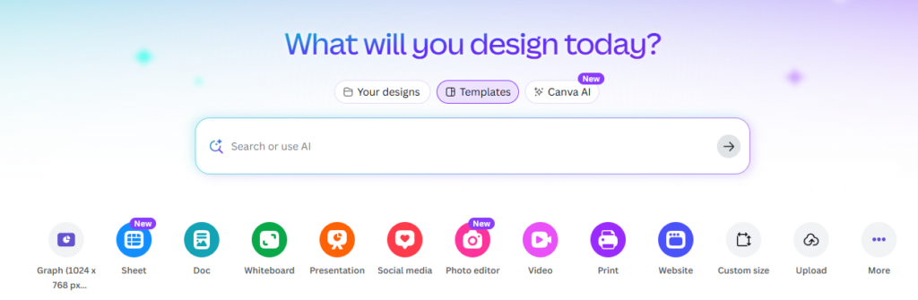 Canva's "What will you design today?" home screen, with shortcuts for documents, whiteboards, presentations, social media, videos, websites and other design types.