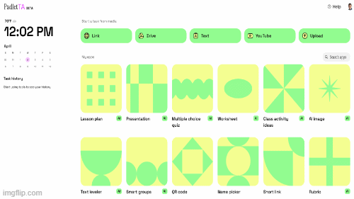 The Padlet TA dashboard showing the same app grid — Lesson plan, Presentation, Multiple choice quiz, Worksheet, Class activity ideas, AI image, Text leveler, Smart groups, QR code, Name picker, Short link and Rubric.