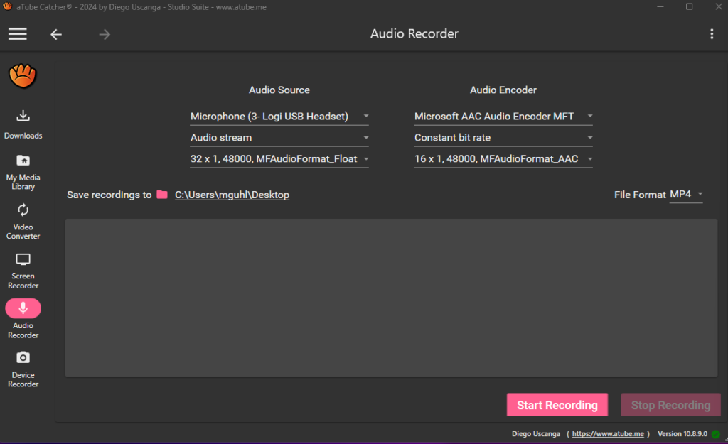 The aTube Catcher Audio Recorder screen, with Audio Source set to a Logitech USB headset microphone and Audio Encoder set to Microsoft AAC, saving MP4 recordings to the desktop, with Start Recording and Stop Recording buttons.