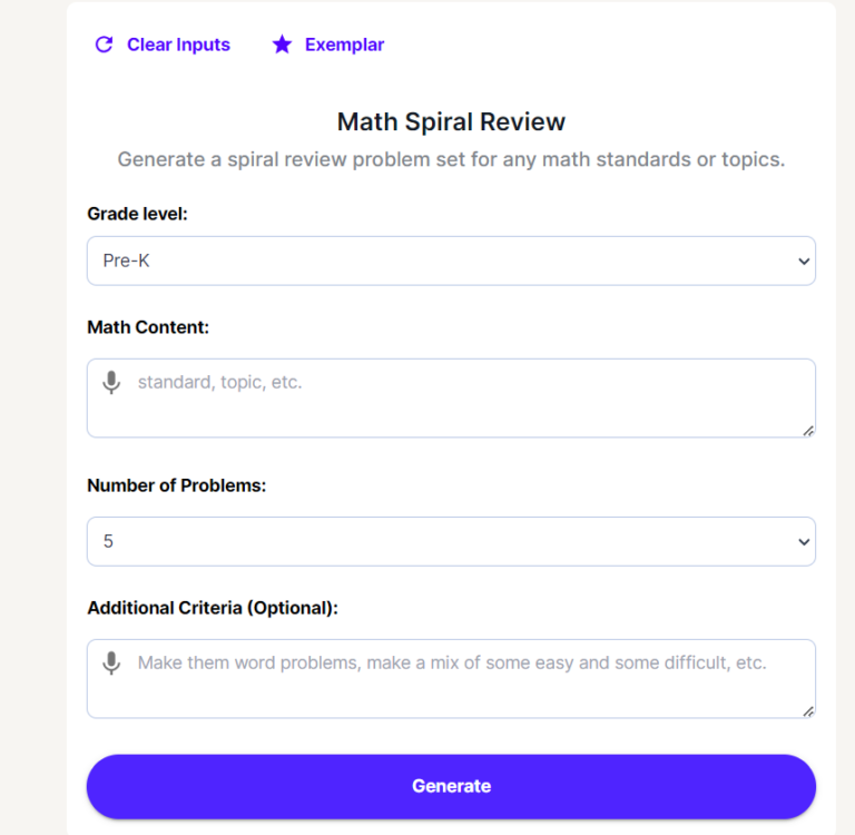 The MagicSchool Math Spiral Review generator: "Generate a spiral review problem set for any math standards or topics", with fields for grade level (set to Pre-K), math content, number of problems (set to 5) and optional additional criteria, above a Generate button.