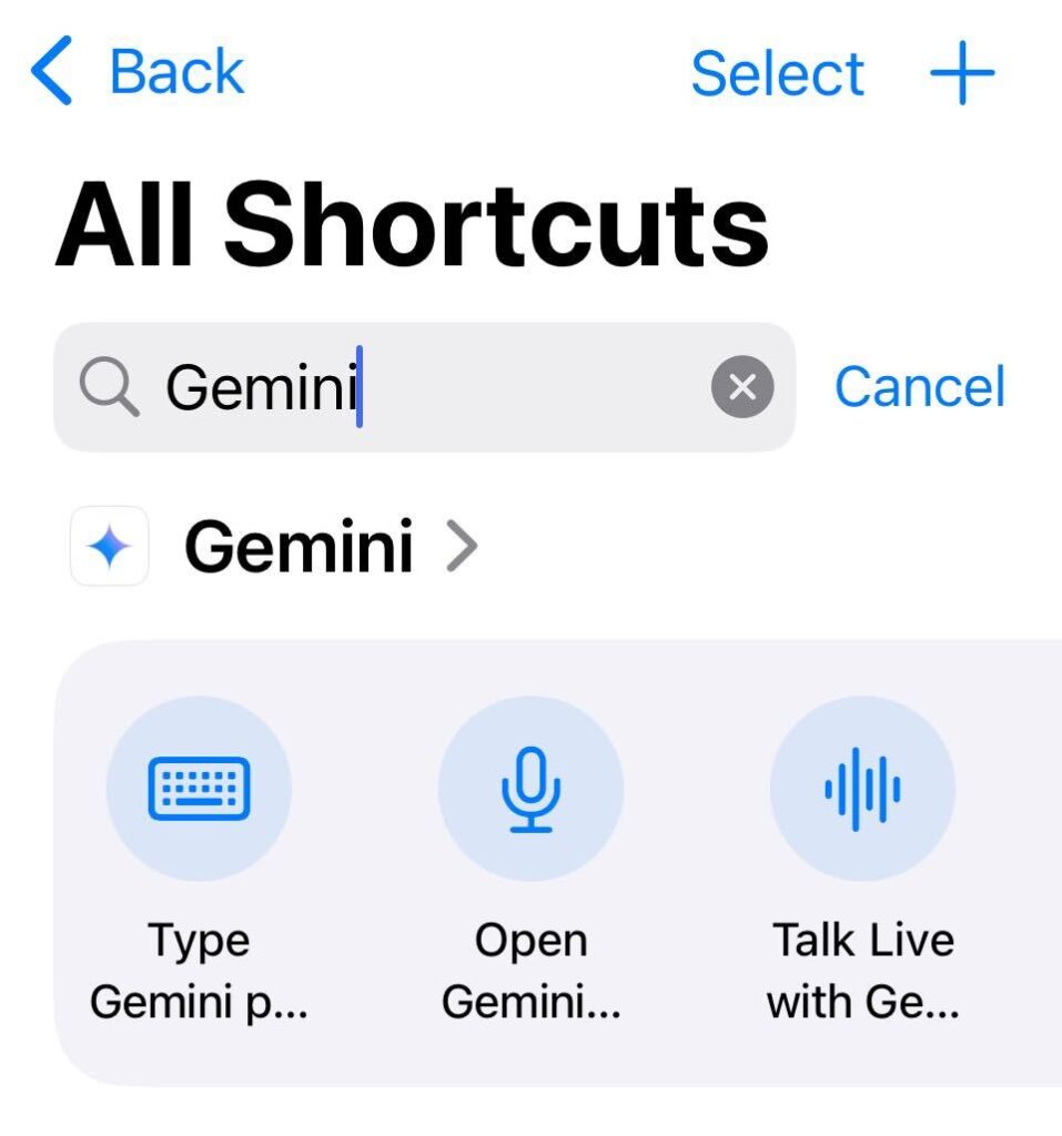 The iOS Shortcuts action search filtered to "Gemini", showing three Gemini actions: Type Gemini prompt, Open Gemini and Talk Live with Gemini.