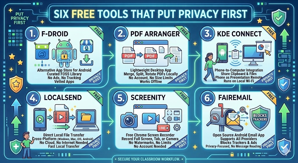 Infographic, "Six Free Tools That Put Privacy First", each badged Free and Privacy First. 1 F-Droid: alternative app store for Android, curated FOSS library, no ads, no tracking, vetted apps. 2 PDF Arranger: lightweight desktop app to merge, split and rotate PDFs locally, no account, no size limits, works offline. 3 KDE Connect: phone-to-computer integration, share clipboard and files, use phone as presentation remote, runs on local Wi-Fi. 4 LocalSend: direct local file transfer across Windows, Mac, iOS and Android, no cloud, no internet needed. 5 Screenity: free Chrome screen recorder for full screen, tab or camera, no watermarks, no limits, no account. 6 FairEmail: open source Android email app supporting all providers, blocks trackers and ads, privacy-focused. Footer: secure your classroom workflow.