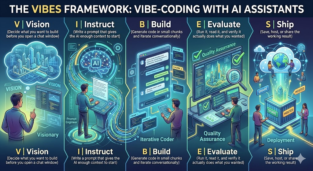 Infographic, "The VIBES Framework: Vibe-Coding with AI Assistants", with five illustrated panels. V Vision: decide what you want to build before you open a chat window. I Instruct: write a prompt that gives the AI enough context to start. B Build: generate code in small chunks and iterate conversationally. E Evaluate: run it, read it, and verify it actually does what you wanted. S Ship: save, host, or share the working result.