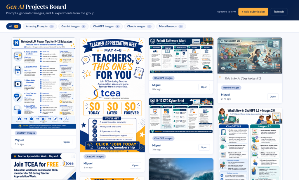 ShareSpace demonstration board titled "Teachers Tools for You," displaying a grid of colorful resource cards with thumbnails, descriptions and action icons.
