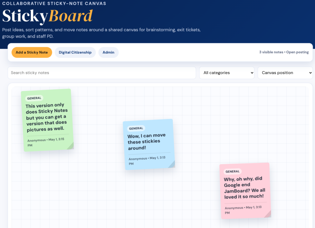 StickyBoard displaying three color-coded notes arranged on a dark-blue board, with controls to add another note and manage the board.