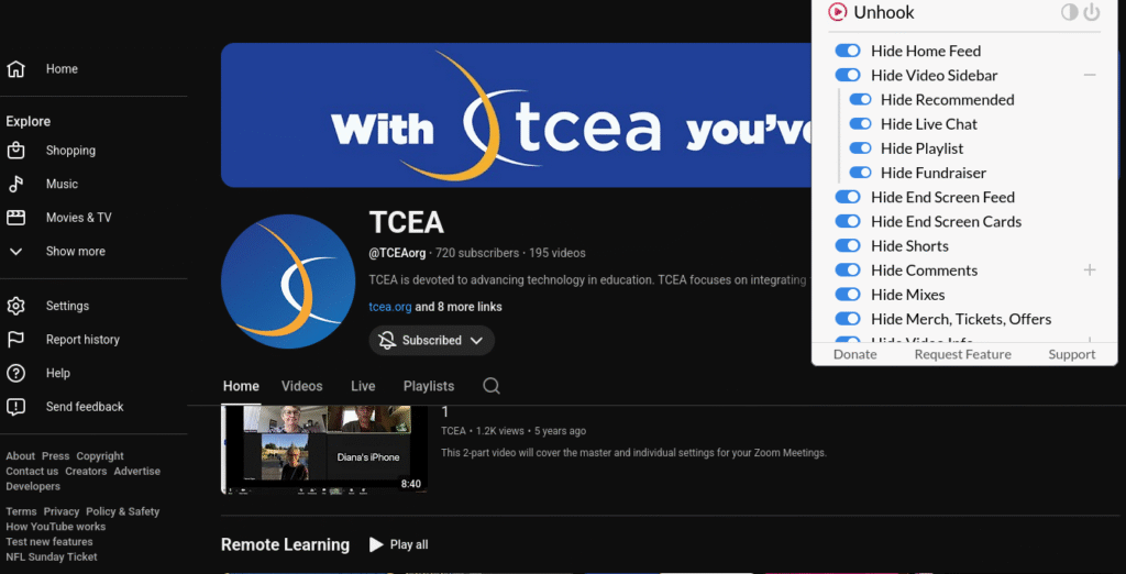 The TCEA YouTube channel with the Unhook extension panel open, showing toggles switched on for Hide Home Feed, Hide Video Sidebar, Hide Recommended, Hide Live Chat, Hide Playlist, Hide End Screen Feed, Hide Shorts, Hide Comments and more.