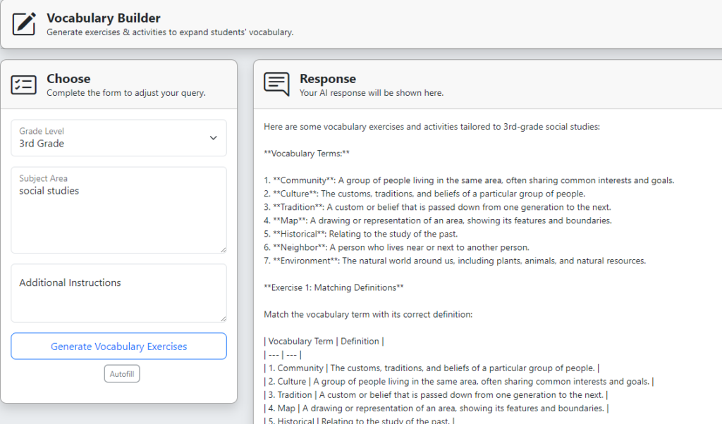 The TeacherServer Vocabulary Builder with Grade Level set to 3rd Grade and Subject Area set to social studies. The response lists seven vocabulary terms with definitions — community, culture, tradition, map, historical, neighbor and environment — followed by a matching-definitions exercise.