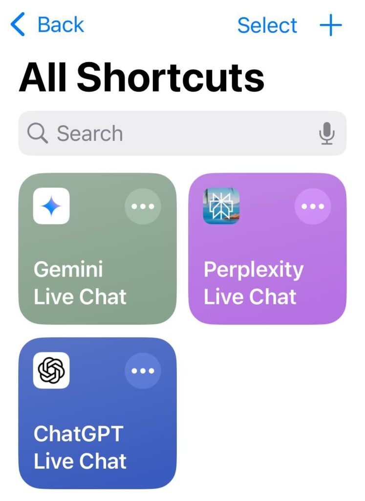 The iOS Shortcuts app on the All Shortcuts screen, showing three saved shortcuts: Gemini Live Chat, Perplexity Live Chat and ChatGPT Live Chat.