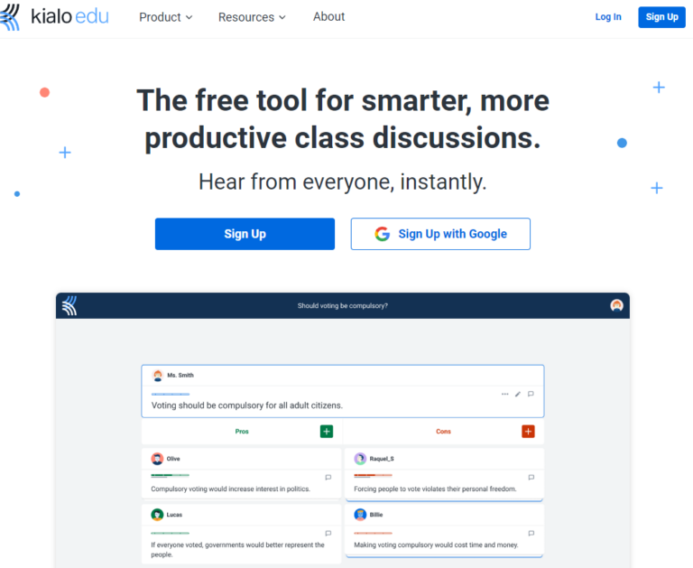 The Kialo Edu home page, headed "The free tool for smarter, more productive class discussions", with Sign Up buttons and a preview of a debate on whether voting should be compulsory, split into Pros and Cons cards from named students.