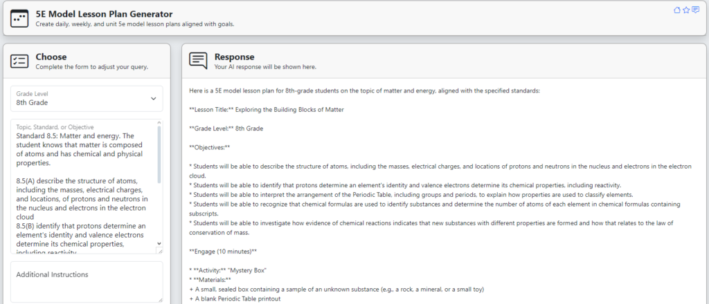 The TeacherServer 5E Model Lesson Plan Generator with Grade Level set to 8th Grade and standard 8.5 on matter and energy. The response is a lesson titled "Exploring the Building Blocks of Matter" with objectives and a 10-minute Engage activity called "Mystery Box".