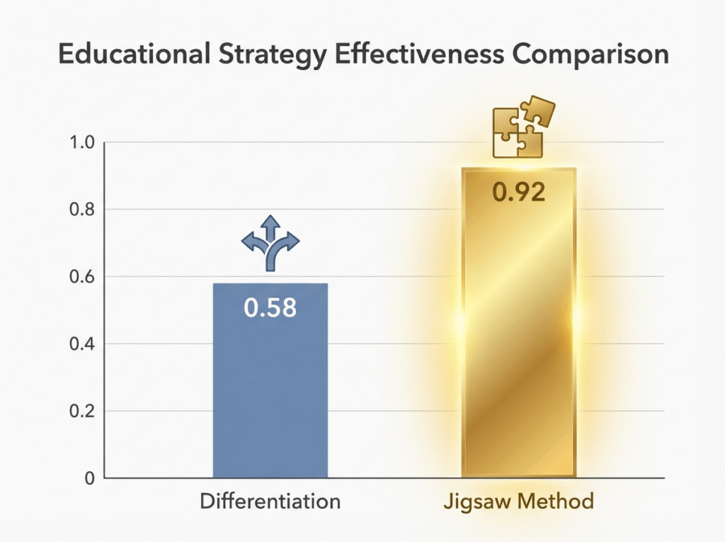 Bar chart, "Educational Strategy Effectiveness Comparison", contrasting Differentiation at an effect size of 0.58 with the Jigsaw Method at 0.92, the taller bar highlighted in gold.
