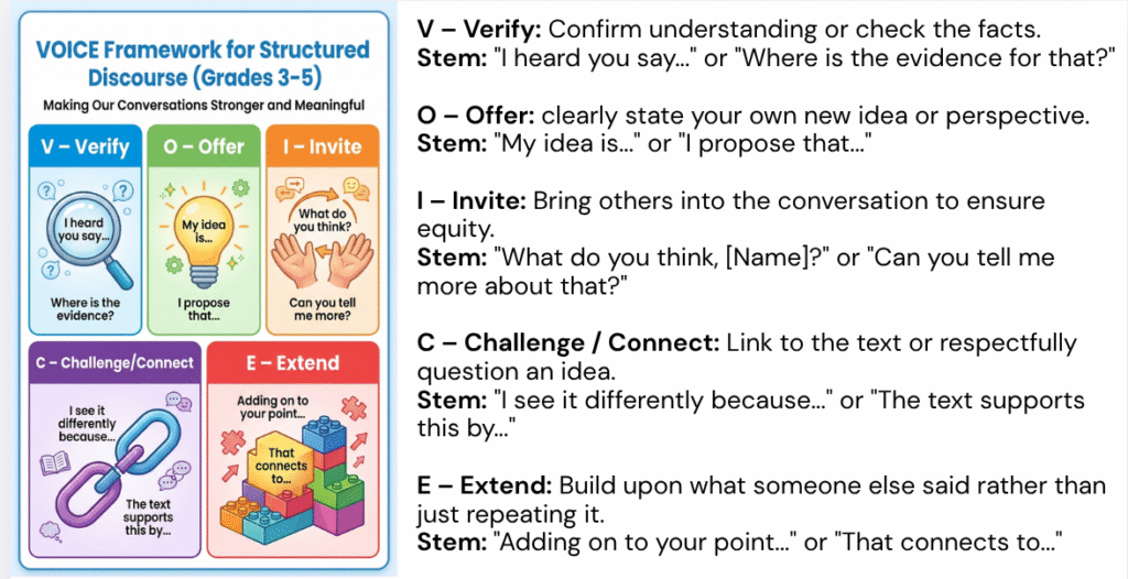 Poster and key for the "VOICE Framework for Structured Discourse (Grades 3-5): Making Our Conversations Stronger and Meaningful". V Verify: confirm understanding or check the facts — "I heard you say…" or "Where is the evidence for that?" O Offer: clearly state your own new idea — "My idea is…" or "I propose that…" I Invite: bring others into the conversation to ensure equity — "What do you think, [Name]?" or "Can you tell me more about that?" C Challenge or Connect: link to the text or respectfully question an idea — "I see it differently because…" or "The text supports this by…" E Extend: build upon what someone else said rather than repeating it — "Adding on to your point…" or "That connects to…"