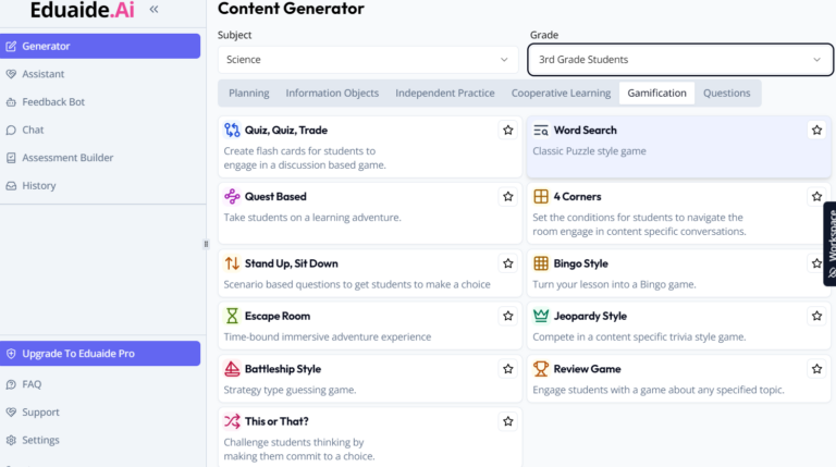 The Eduaide.Ai Content Generator with Subject set to Science and Grade to 3rd Grade Students, on the Gamification tab. Options include Quiz Quiz Trade, Word Search, Quest Based, 4 Corners, Stand Up Sit Down, Bingo Style, Escape Room, Jeopardy Style, Battleship Style, Review Game and This or That.