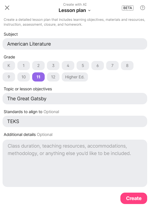 The Padlet "Create with AI" lesson plan dialog, marked Beta. Subject is American Literature, Grade 11 is selected, the topic is The Great Gatsby and the standards field reads TEKS, with an optional additional details box and a Create button.