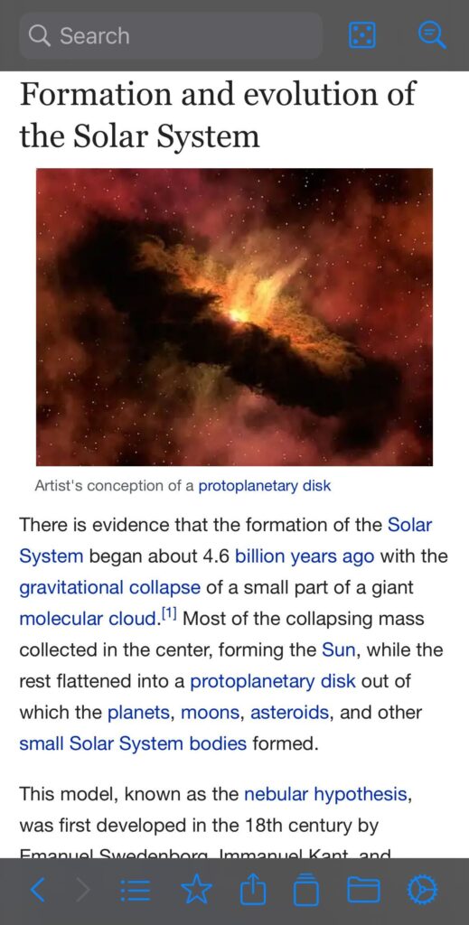 The Kiwix smartphone app displaying an offline Wikipedia article, "Formation and evolution of the Solar System", with an artist's conception of a protoplanetary disk and navigation icons along the bottom.