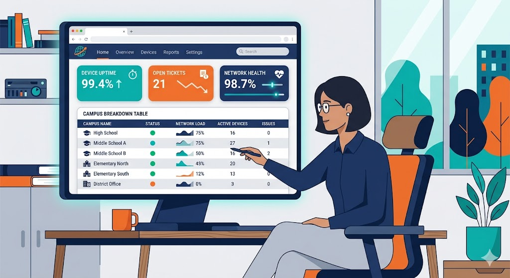 Illustration of a woman at an office desk gesturing at a large monitor showing a district technology dashboard: 99.4% device uptime, 21 open tickets, 98.7% network health, and a campus breakdown table listing network load, active devices and issues per campus.