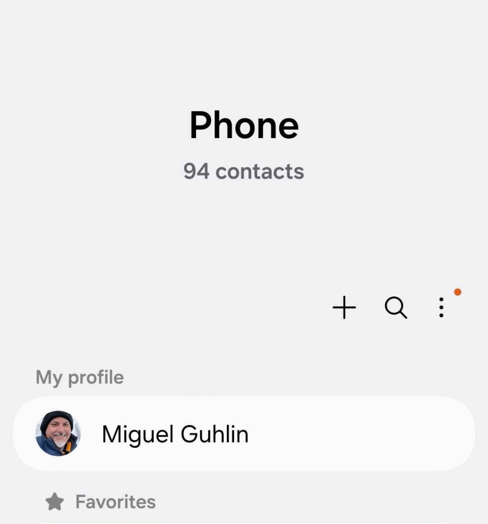 An Android Phone app showing 94 contacts, with add, search and three-dot menu icons, and a "My profile" card for Miguel Guhlin above the Favorites section.