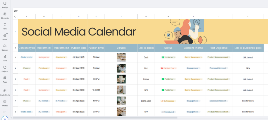 A Canva Sheet titled "Social Media Calendar," combining spreadsheet rows and dates with embedded post thumbnails and a designed banner.