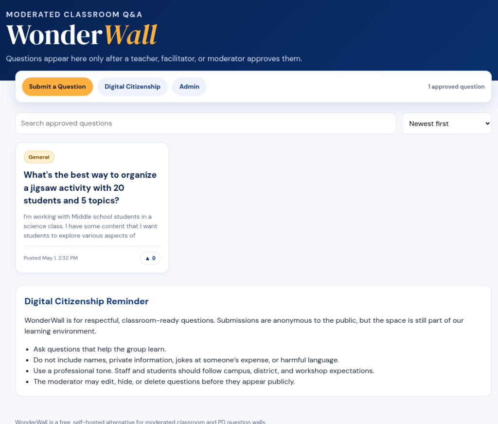 WonderWall classroom question page. A submission form sits above a moderated list of audience questions, with controls for voting and viewing approved posts.
