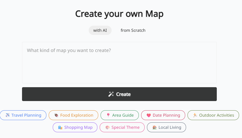 Tasmap's "Create your new Map" screen, with a text box for describing the desired map and controls for choosing a map style.