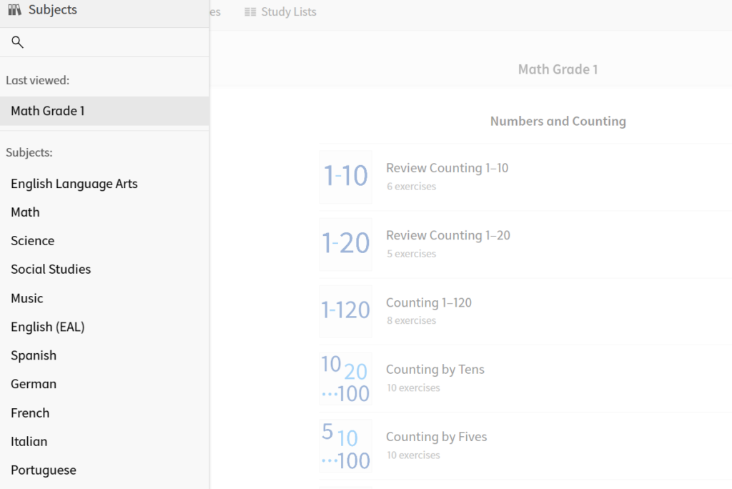 Anton grade 1 math activity with subject menu