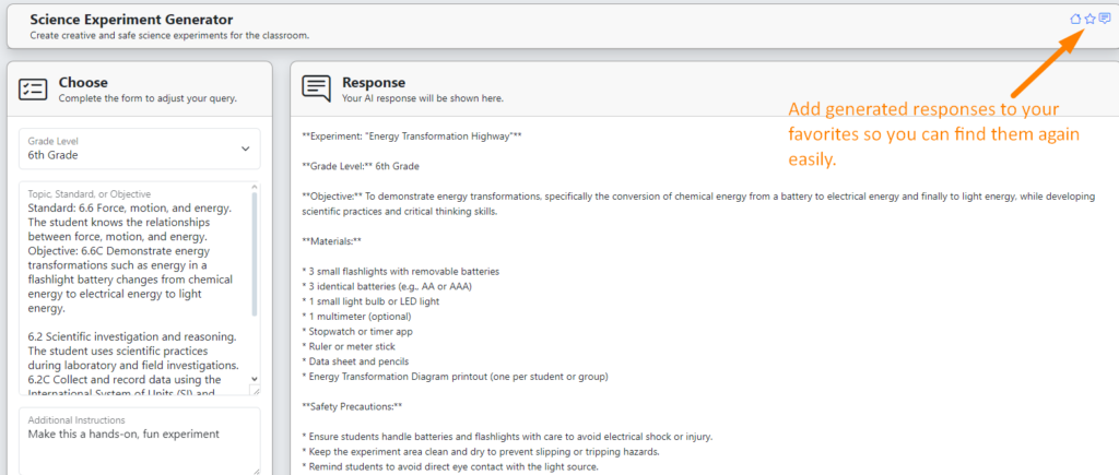 The TeacherServer Science Experiment Generator with Grade Level set to 6th Grade and Texas standards 6.6 and 6.2 entered. The response is an experiment titled "Energy Transformation Highway" with objective, materials and safety precautions. An annotation reads: add generated responses to your favorites so you can find them again easily.