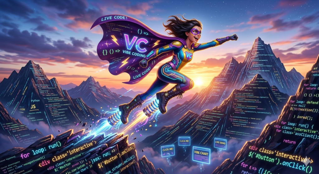 Illustration of a caped superhero labeled "VC — Vibe Coding" flying at sunset above mountains covered in glowing code, with floating buttons reading Click Me and Vibe Chart.