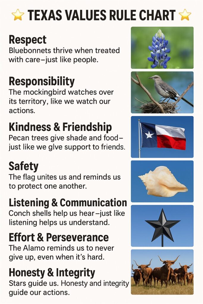 AI-generated "Texas Values Rule Chart" pairing seven classroom values with Texas symbols. Respect: bluebonnets thrive when treated with care, just like people. Responsibility: the mockingbird watches over its territory, like we watch our actions. Kindness and Friendship: pecan trees give shade and food, just like we give support to friends. Safety: the flag unites us and reminds us to protect one another. Listening and Communication: conch shells help us hear, just like listening helps us understand. Effort and Perseverance: the Alamo reminds us to never give up. Honesty and Integrity: stars guide us, and honesty and integrity guide our actions.