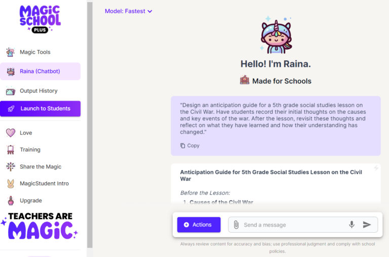 MagicSchool Raina conversation in which the educator supplies a fifth-grade social studies lesson and asks the chatbot to adapt it using the LEARNS Cycle.