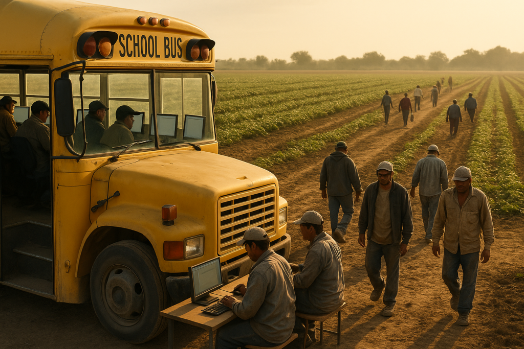 AI-generated image of a yellow school bus parked at the edge of a crop field at sunrise. Farm workers walk in from the rows while two men sit at a folding table beside the bus using laptops, with more laptops visible through the bus windows.