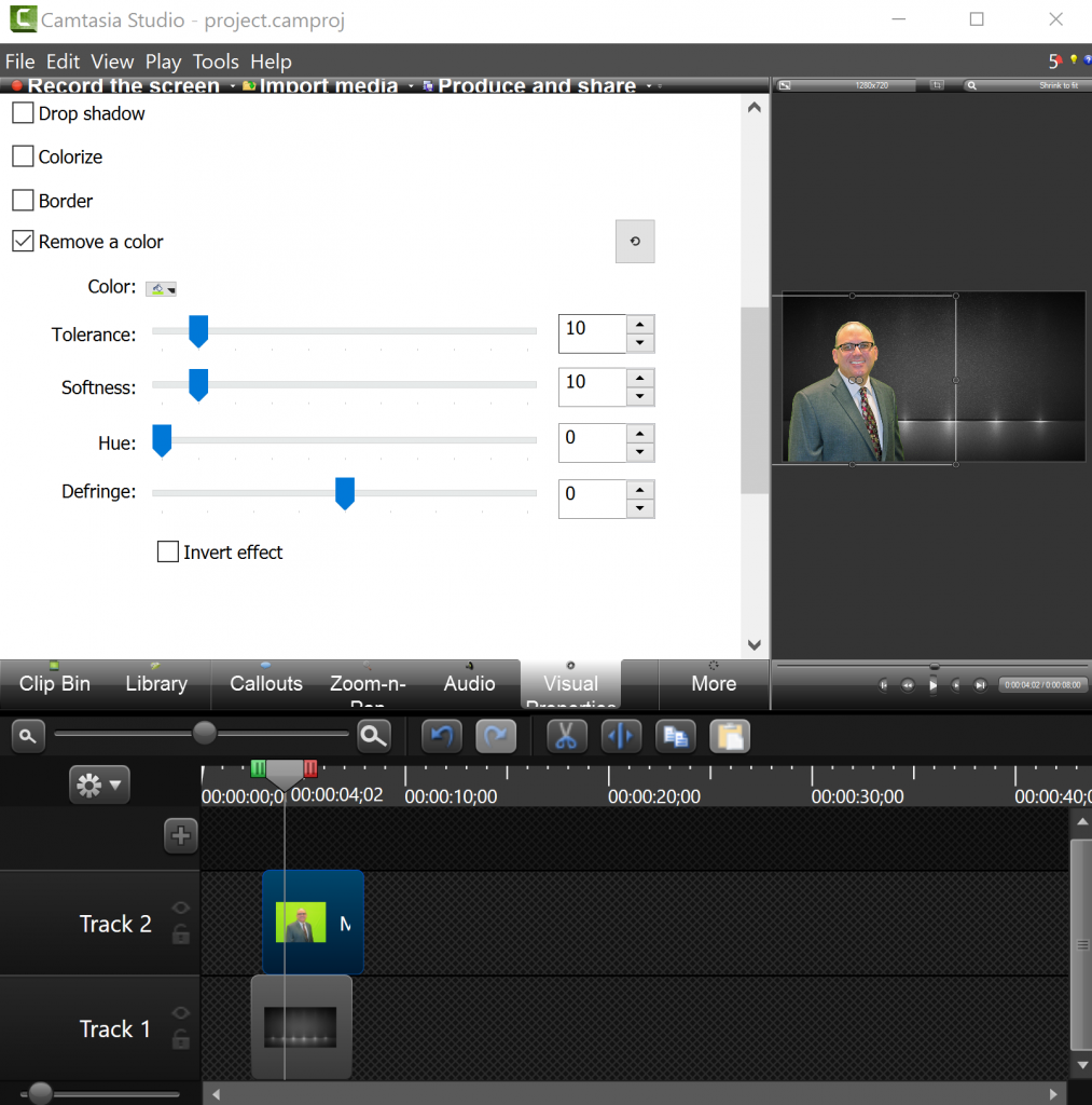 Camtasia Studio: Adjust Image properties on green screen image and remove a color.