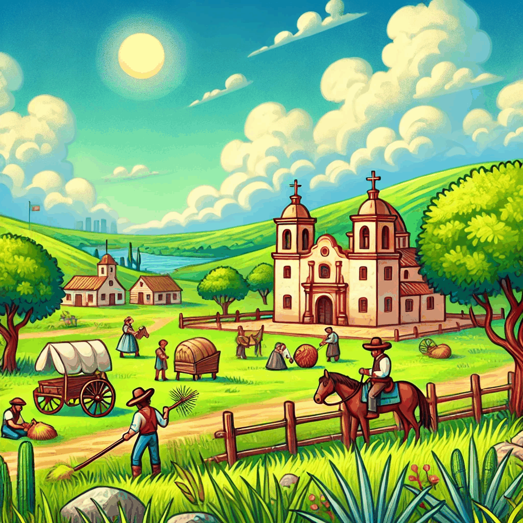 Animated cartoon scene of a Spanish colonial mission with twin bell towers on a green hillside, with settlers raking hay, a covered wagon, a rider on horseback and figures working in the foreground.