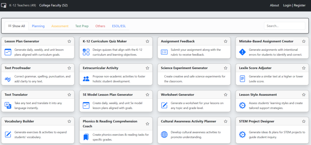 The TeacherServer tool directory with tabs for K-12 Teachers (49) and College Faculty (52) and filters for Planning, Assessment, Test Prep, Others and ESOL/ESL. Tool cards include Lesson Plan Generator, K-12 Curriculum Quiz Maker, Assignment Feedback, Mistake-Based Assignment Creator, Text Proofreader, Extracurricular Activity, Science Experiment Generator, Lexile Score Adjuster, Text Translator, 5E Model Lesson Plan Generator, Worksheet Generator, Lesson Style Assessment, Vocabulary Builder, Phonics and Reading Comprehension Coach, Cultural Awareness Activity Planner and STEM Project Designer.