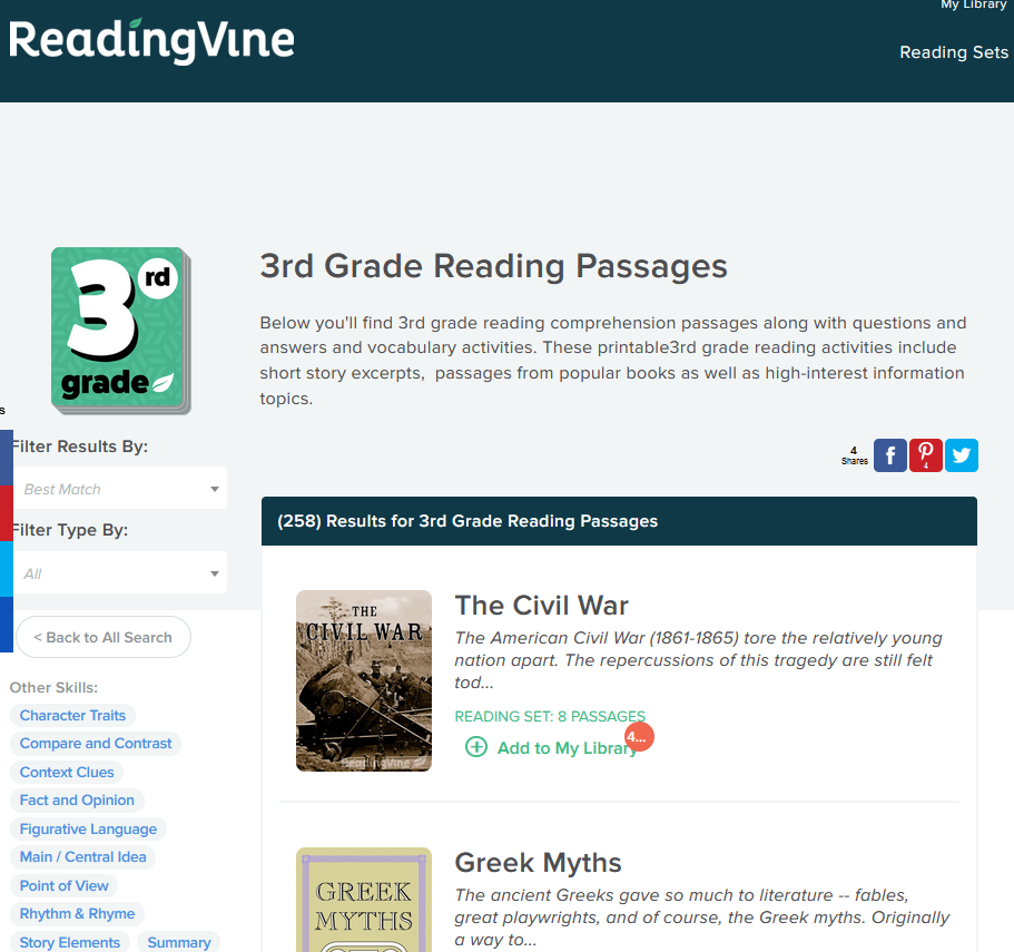 reading vine 3rd grade passages