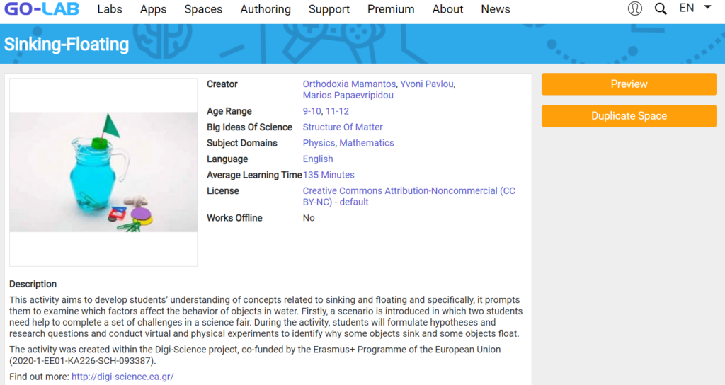 A screenshot of the Go-Lab website shows a sinking-floating experiment with the options to preview it or duplicate it.