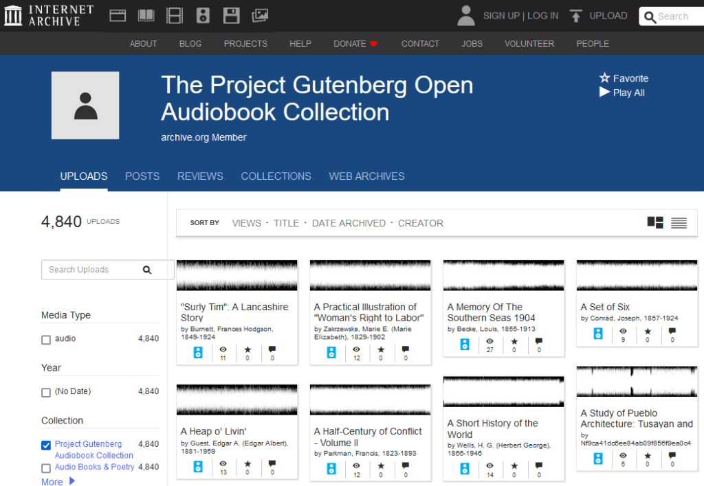 The Internet Archive's listing of the Project Gutenberg Open Audiobook Collection