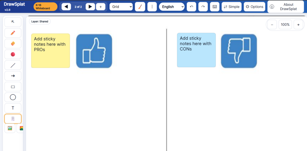 An older version of the DrawSplat whiteboard split into two halves. The left shows a yellow sticky note reading "Add sticky notes here with PROs" beside a thumbs-up icon; the right shows a blue note reading "Add sticky notes here with CONs" beside a thumbs-down icon.