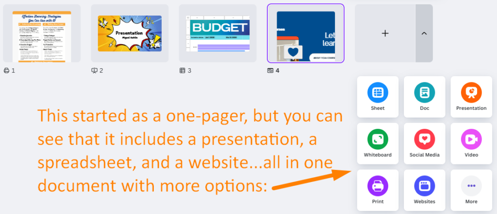 Canva Visual Suite graphic showing connected creation types—document, whiteboard, presentation, social post, video, website and sheet—under the message that teachers and students can create everything in one place.