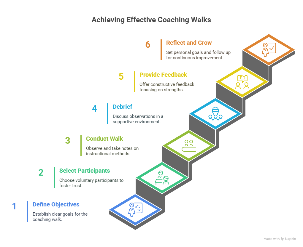 Six-step staircase diagram, "Achieving Effective Coaching Walks": 1 Define Objectives, 2 Select Participants, 3 Conduct Walk, 4 Debrief, 5 Provide Feedback, 6 Reflect and Grow, each with a one-line explanation.