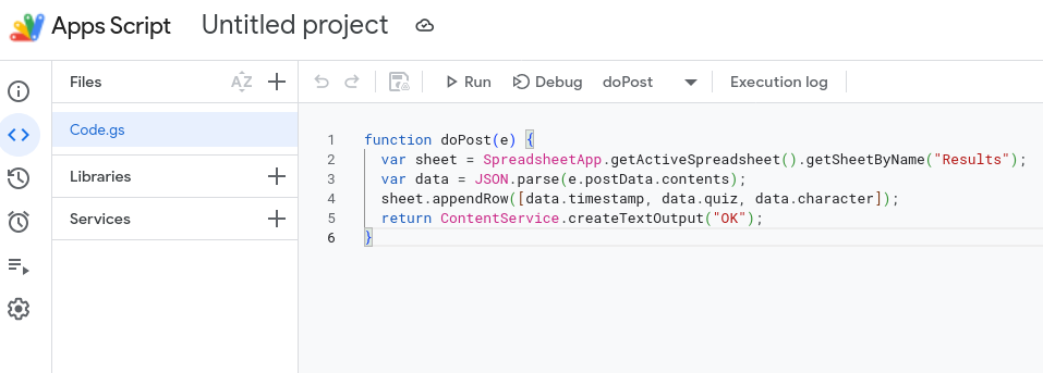 Google Apps Script editor showing a six-line doPost function that opens the "Results" sheet, parses the posted JSON, appends a row of timestamp, quiz and character, and returns "OK".