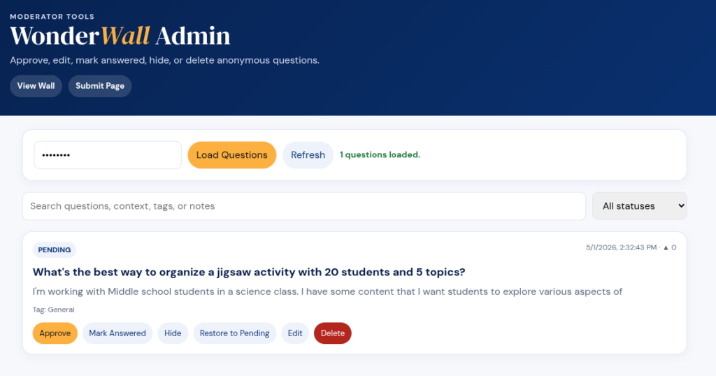 WonderWall Admin moderation page showing a submitted question, its status and controls to approve, reject or remove it before it appears on the public wall.